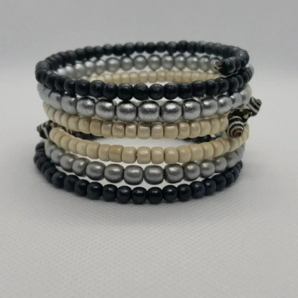 Boho Beaded Wrap Bracelet Stackable Black Silver Cream Zebra Accent - Picture 3 of 4